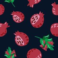 Dark garnet random ornament with branches seamless pattern. Black background. Red colored fruit silouettes with green foliage elements. vector