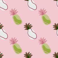 Minimalistic style seamless pattern with green and white contoured pineapple fruits print. Pink background. vector