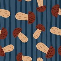 Seamless pattern with brown mushroom hand drawn print. Navy blue striped background. vector