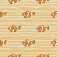 Pale tones seamless pattern with doodle clown fish elements. Striped orange background. Simple style. vector