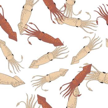 Isolated seamless pattern with random beige and red pastel squid shapes. White background. vector