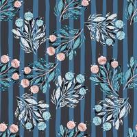 Botanic seamless pattern with random folk flowers silhouettes print. Striped blue background. vector