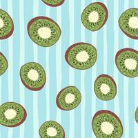 Seamless random pattern with hand drawn green kiwi slices. Blue striped background. vector