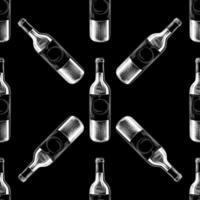 Botellas de vino dibujadas a mano de patrones sin fisuras sobre fondo negro. vector