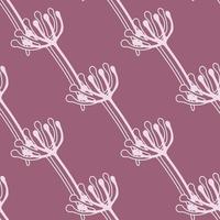 Floral seamless pattern with outline dandelion flowers elements. Purple background with white botanic ornament. vector