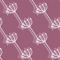 Floral seamless pattern with outline dandelion flowers elements. Purple background with white botanic ornament. vector