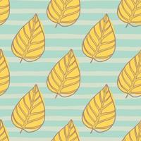 Yellow tones leaves ornament seamlesss pattern. Doodle elements on blue stripped background. vector