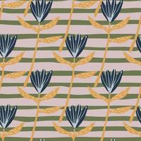 Seamless floral pattern with navy blue tulip flowers. Grey background with strips. Simple botanic backdrop. vector