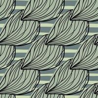 Pale seamless doodle pattern with grey leaves contoured silhouettes. Navy blue pastel stripped background. vector