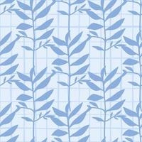 Blue botanic leaves silhouettes seamless pattern. Tropical hand drawn foliage in soft blue tone on chequered background. vector