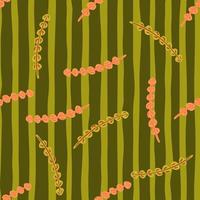 Random seamless pattern in simple style with seaweeds silhouettes print. Green olive striped background. vector