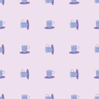 Minimalistic kitchen print with blue little tea cups. Light soft pink bacground. Hand drawn elements. vector