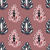 Summer tropic seamless pattern with pink and navy blue folk monstera elements. Pale background. vector