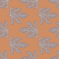 Pale autumn seamless pattern with outline grey hand drawn leaves. Orangen pastel background. vector