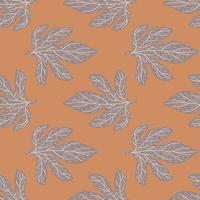 Pale autumn seamless pattern with outline grey hand drawn leaves. Orangen pastel background. vector