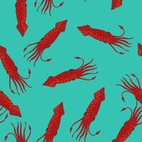 Seamless random pattern with bright red squids silhouettes. Blue bright background. vector