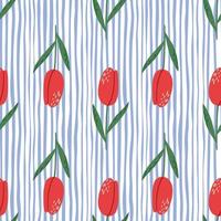 Bright seamless spring pattern with hand drawn tulip silhouettes. Red flowers on stripped background with white and blue lines. vector