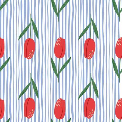 Bright seamless spring pattern with hand drawn tulip silhouettes. Red flowers on stripped background with white and blue lines.