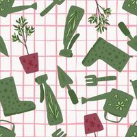 Isolated seamless garden tools silhouettes pattern. Green elements on white background with pink check. vector