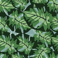Random seamless doodle botanic pattern with green monstera leaves silhouettes. Blue splashes ornament. Botanic backdrop. vector