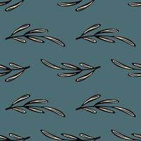 Black contoured leaf branches seamless hand drawn pattern. Pale navy blue background. Simple style. vector