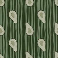 Grey avocados seamless doodle pattern. Simple hand drawn fruit ornament on green stripped background. vector
