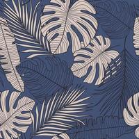 Seamless pattern with dark monstera line leaves on blue background. vector