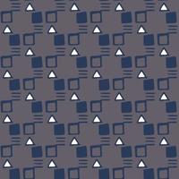 Abstract seamless attern with geometric silhouettes. Blue dashes and squares and white triangles. Dark grey background. vector