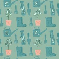 Garden tool seamless pattern. Watering, shovel, plant silhouettes in stylized artwork. Turquoise and blue tones palette. vector