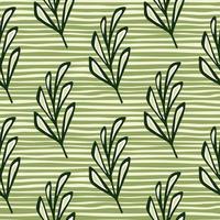 Outline green leaf branches elements seamless doodle pattern. Green and white striped background. vector