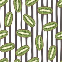 Seamless random decorative pattern with green kiwi shapes print. Grey and white striped background. vector