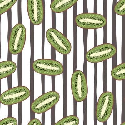 Seamless random decorative pattern with green kiwi shapes print. Grey and white striped background.