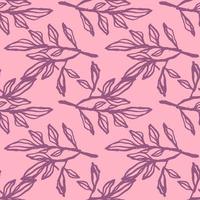 Purple contoured branches with foliage. Pink background. Floral simple backdrop. vector