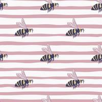 Seamless patten with hand drawn bees figures. Background with pink and white strips. Stylized artwork. vector