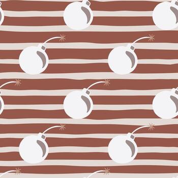 White bomb with shadow seamless doodle pattern. Army weapon style. Maroon and grey striped background. vector