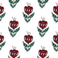 Botanic isolated seamless pattern with red folk flowers elements. White background. Hand drawn style. vector