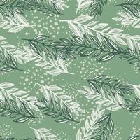 Random seamless floral patten with stylized outline branches elements. White and dark green contoured ornament on liight olive background with splashes. vector