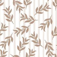 Seamless random pattern with beige simple leaf branches doodle silhouettes on light striped background. vector