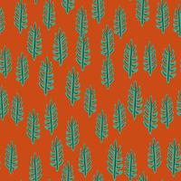 Seamless autumn style pattern with turquoise little leaf branches ornament. Dark orange background. vector