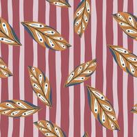 Orange colored geometric leaf shapes seamless doodle pattern. Pink and grey striped background. Simple style. vector