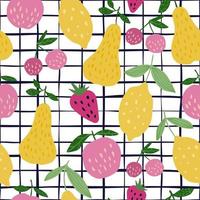 Seamless pattern with summer fruits . Cherry berries, apples, lemons, pears and leaves vector