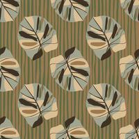 Beige and grey monstera shapes seamless pattern. Tropic abstract print on stripped background. vector