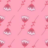 Minimalistic botanic outline tulips seamless pattern. Light pastel pink background with bright contoured elements. vector