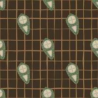 Seamless stylized war pattern with shield silhouettes. Weapon print in green and orange tones on brown chequered background. vector