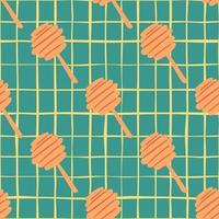 Bright contrast seamless pattern with orange honey spoons. Turquoise chequered background. vector