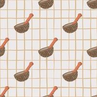 Brown martar and pestle doodle print seamless pattern. Light background with check. vector