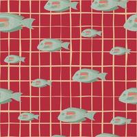 Hand drawn seamless sea pattern with doodle random blue surgeon fish print. Chequered background. vector