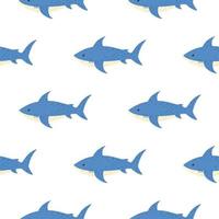 Isolated seamless pattern with underwater shark ornament. Blue fishes on white backround. vector