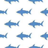 Isolated seamless pattern with underwater shark ornament. Blue fishes on white backround. vector