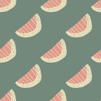 Seamless doodle pattern with abstract slices. Fruit silhouettes with pink stripped and white colors on grey background. vector